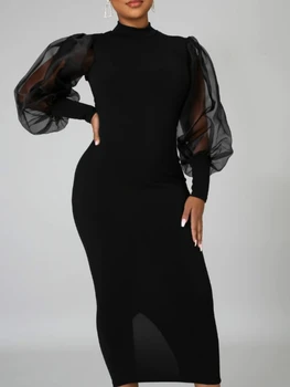 Black Bodycon női ruha patchwork háló hosszú lanter ujjak hasított középhosszú vékony ruhák 2023 elegáns divat női vestidos