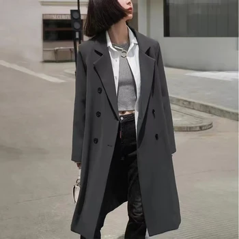Long Blazer Women Tavasz Ősz Új dzseki Koreai dupla mellű Elegáns széldzseki Fekete öltöny Irodai hölgyek Üzleti felsőruházat