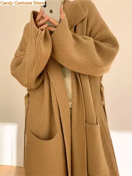 Nők Hosszú Cardigan Őszi Téli Kötött pulóver Női Koreai divat Kötöttáru Kabát Hölgyek Elegáns bő hajtóka Kardigánok