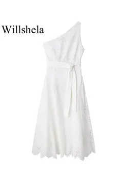Willshela női divat övhímzéssel Fehér oldalsó cipzáras midi ruha Vintage egyvállas aszimmetrikus nyakú női ruhák